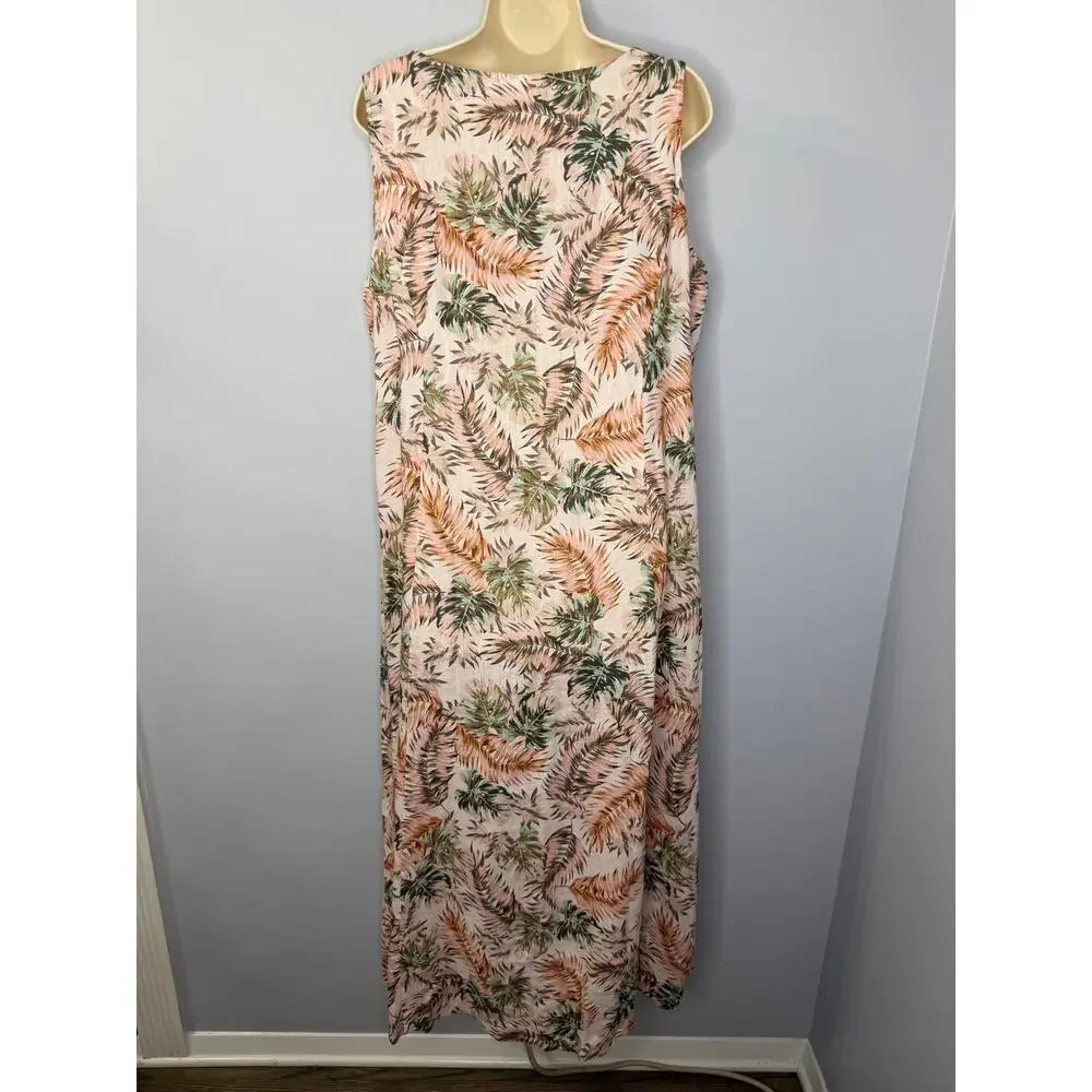 J.jill Love Linen Palm Leaf Soft Pink Pocket Maxi Dress Coastal Beach XL new